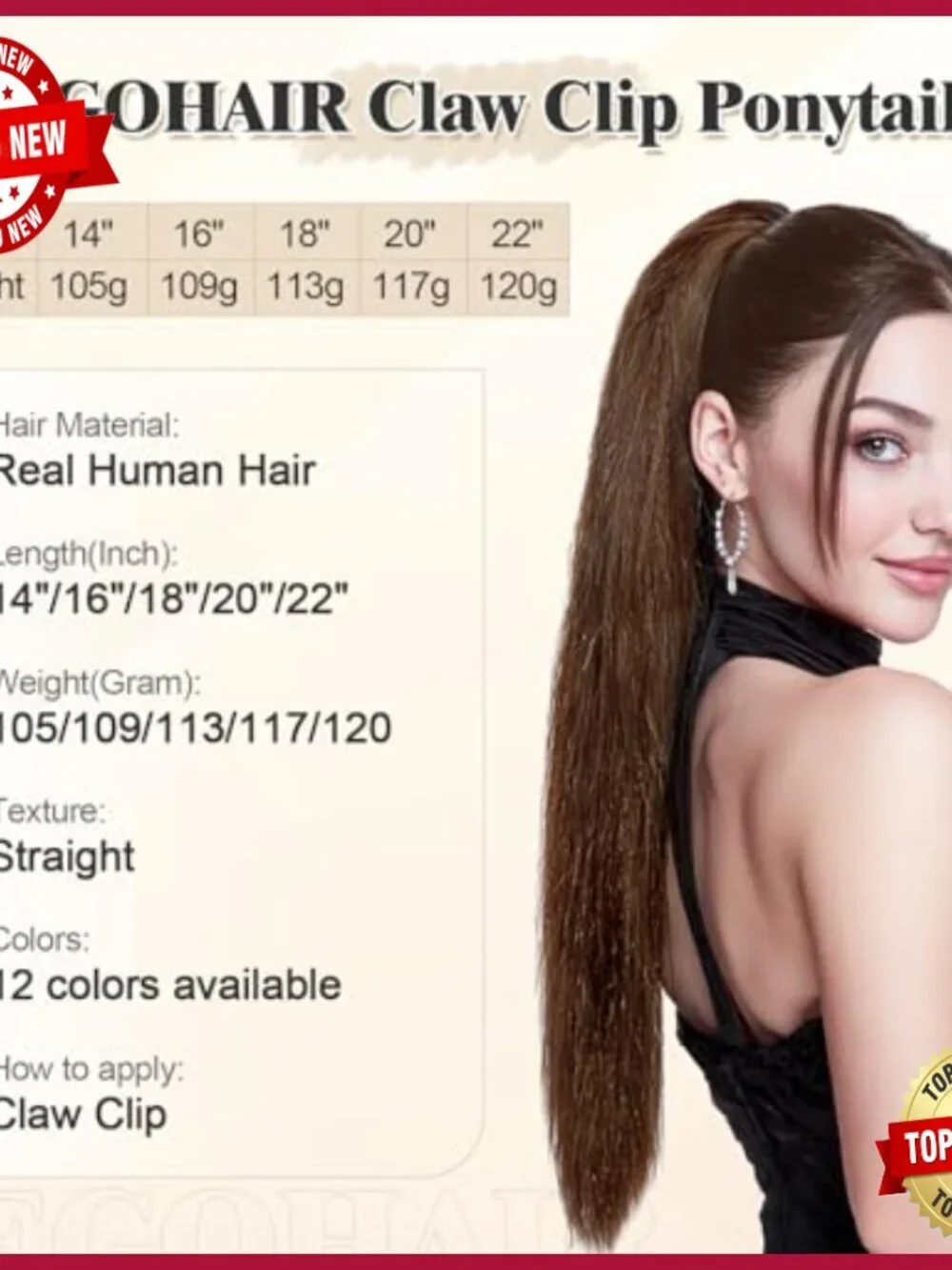 Human Hair Ponytail Extension with Claw Clip, 14-22 Inches, 105-120g